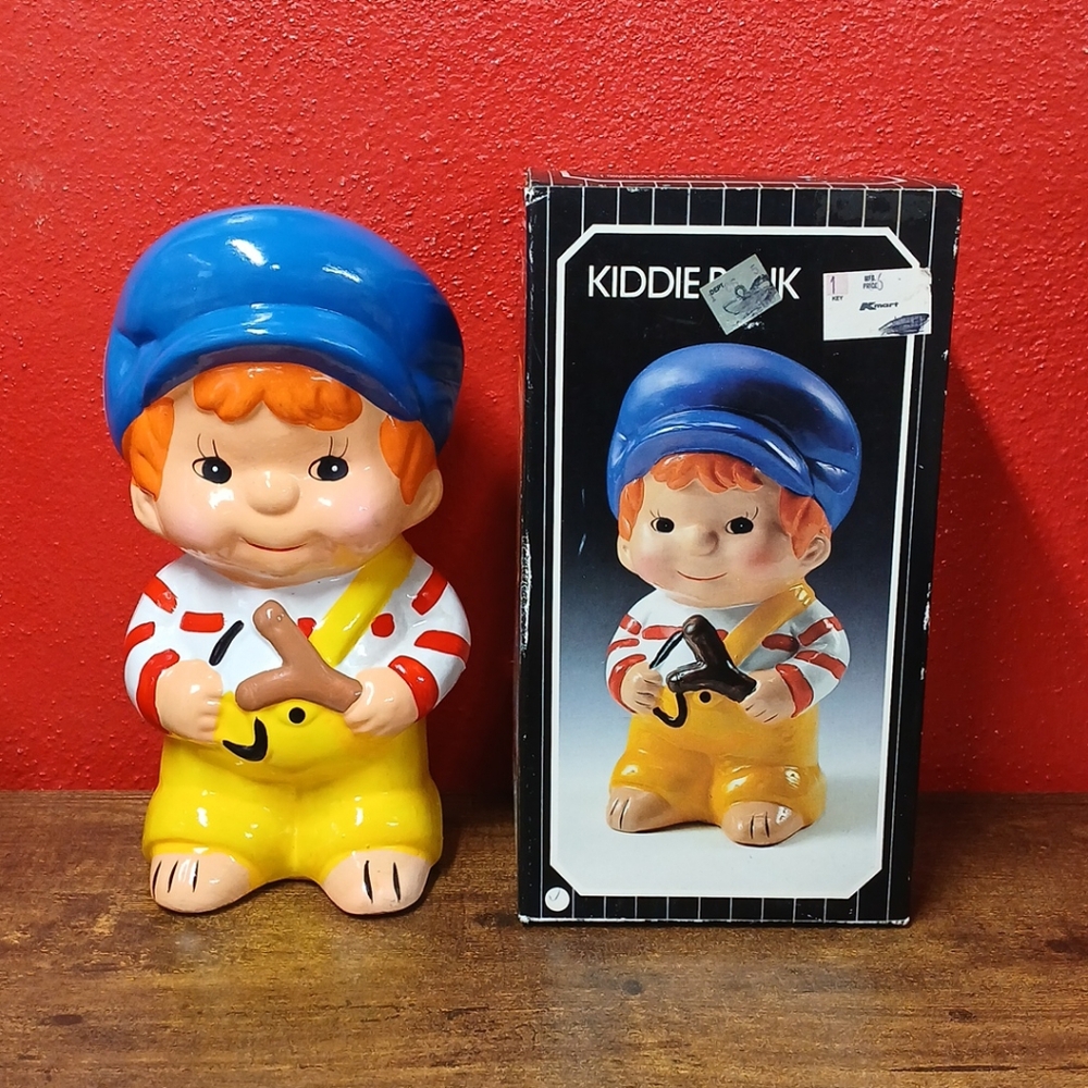 VTG 60s Hand-paint Ceramic 9" Piggy Bank, BOY WITH SLINGSHOT, w/ Original Box - Picture 1 of 5